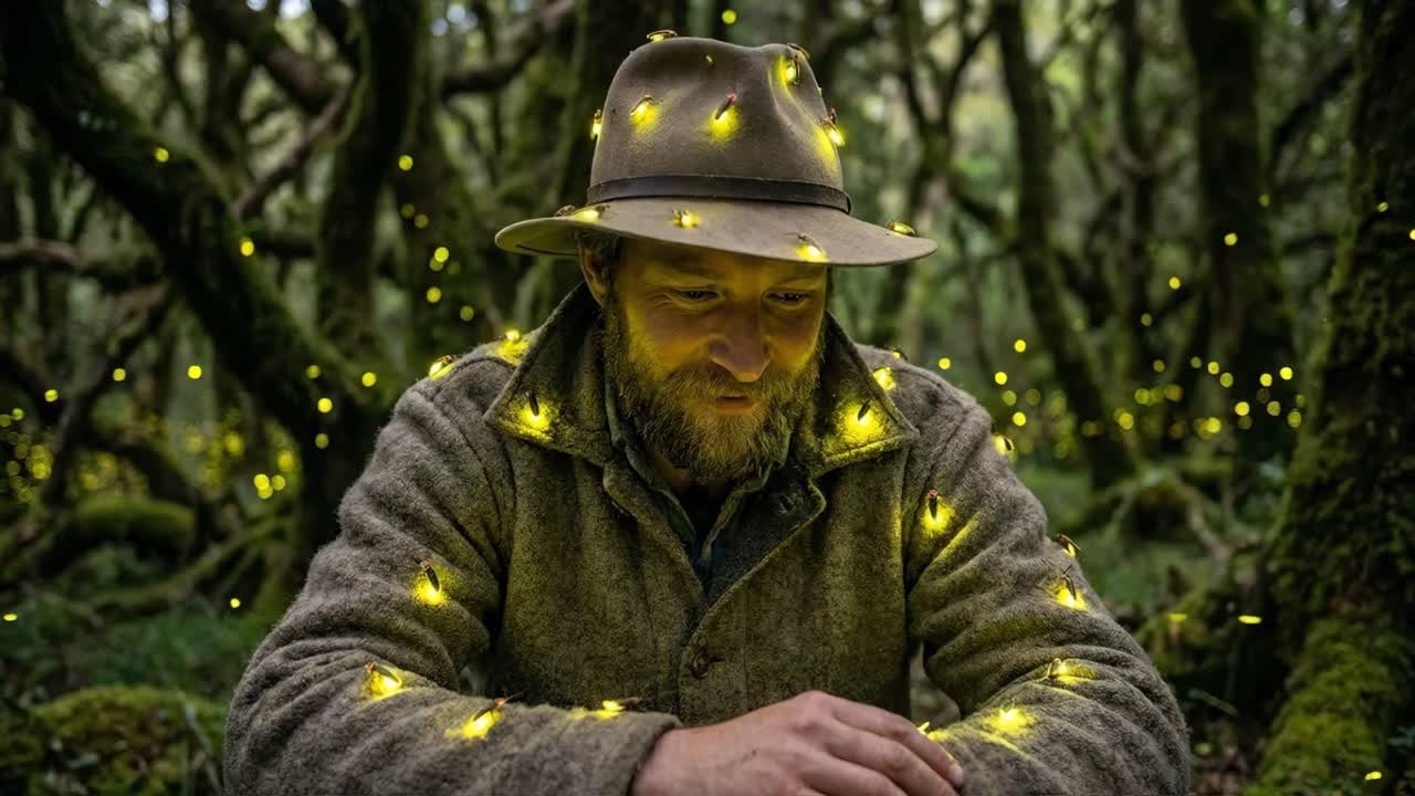 Man in Forest with Fireflies