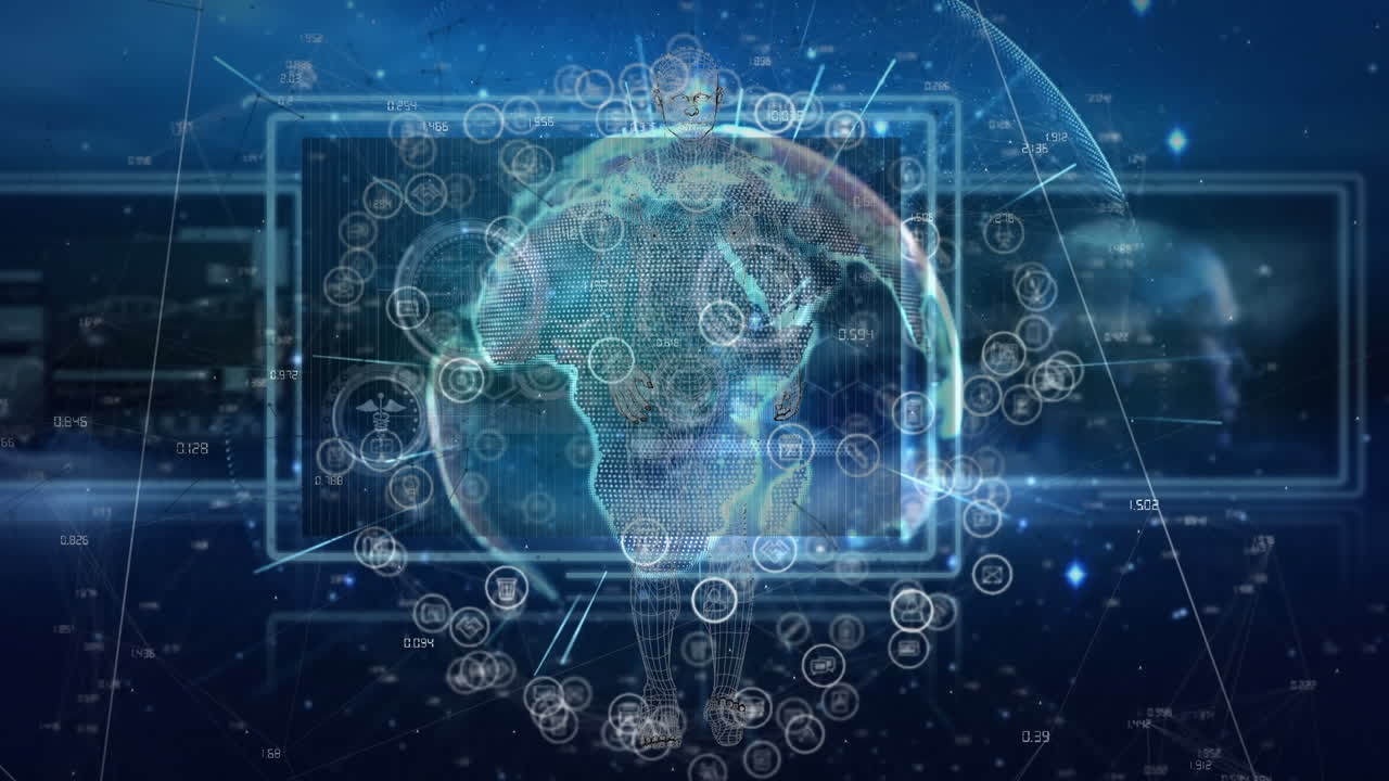 데이터와 함께 화면을 통해 연결된 지구의 애니메이션