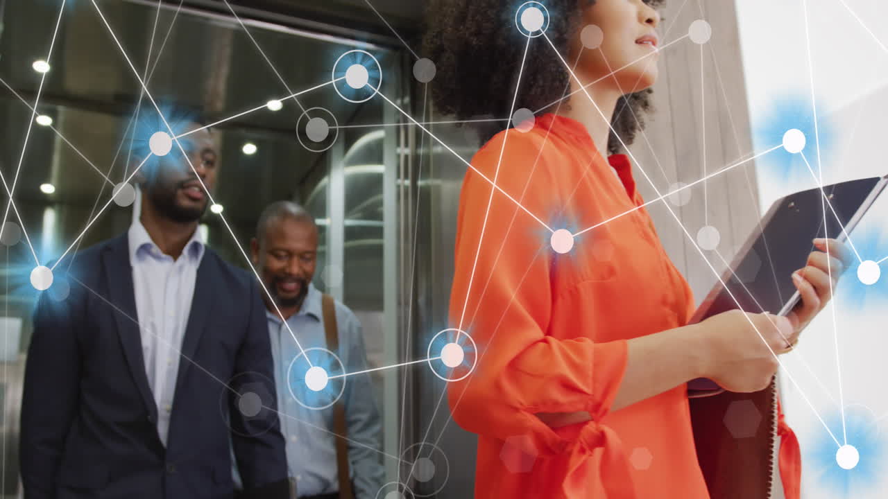 Animation of financial data processing over diverse business people in office