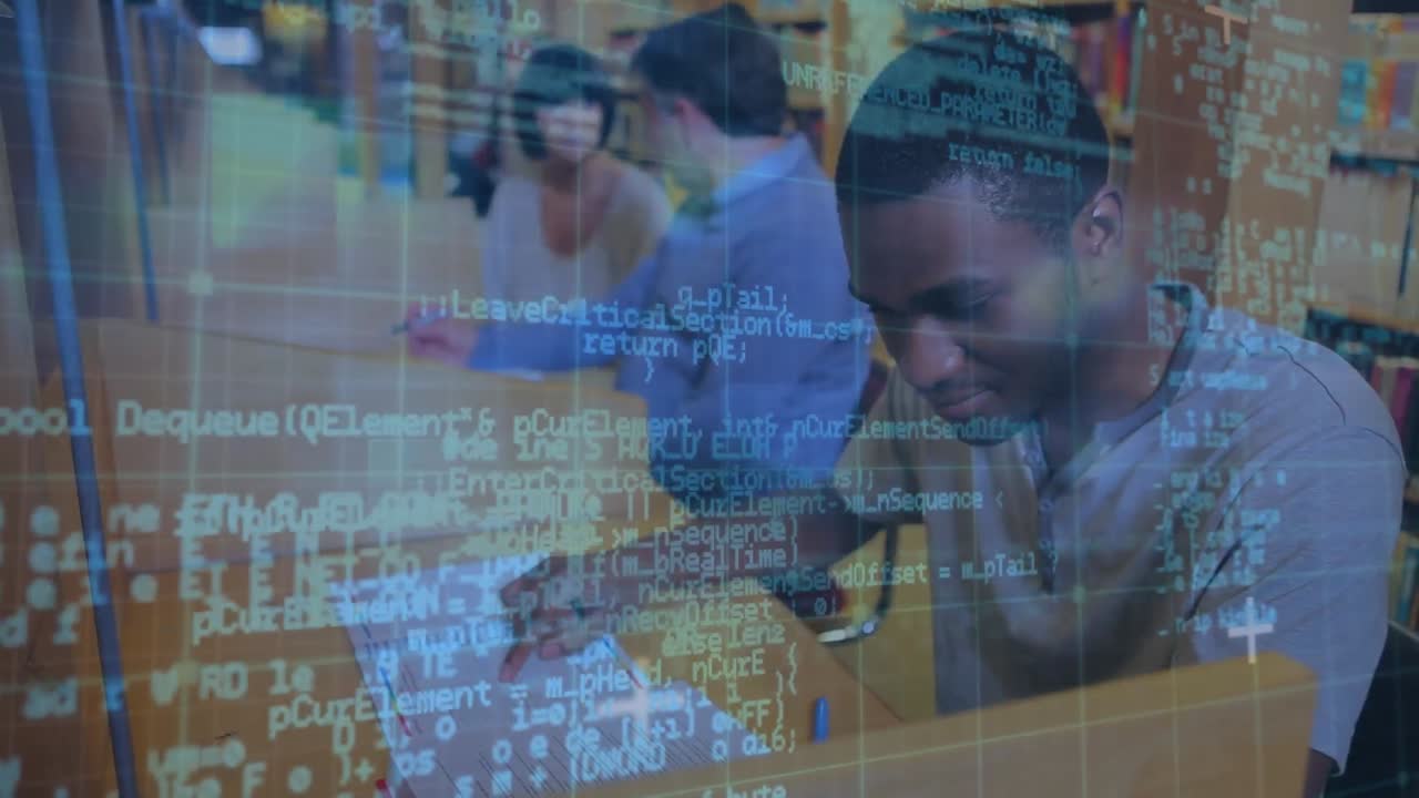 Animation of data processing over diverse people in library