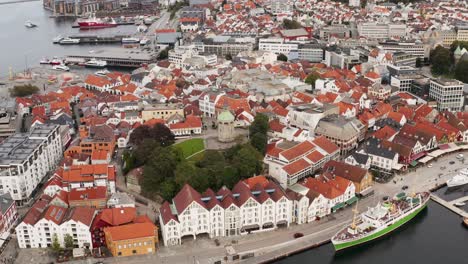 Aerial-View-of-Valberget-Tower-Scenic-Neighborhood,-Landmark-of-Stavanger-City-Norway-on-Cloudy-Summer-Day,-Drone-Shot