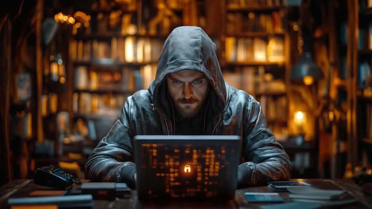 Hacker using a laptop in a dark room