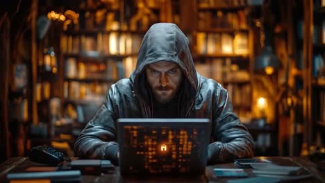 hacker using a laptop in a dark room