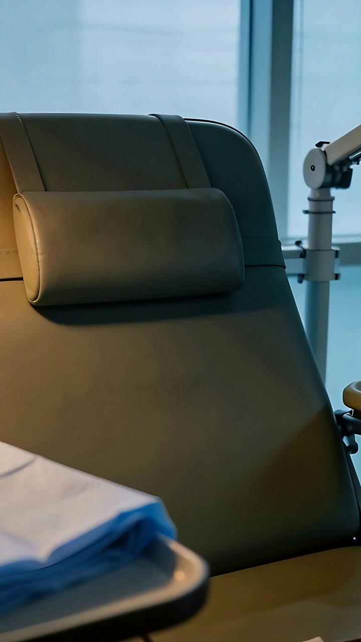 Video verticale: telecamera di registrazione che si sposta in una clinica mostrando una poltrona reclinabile, tubi e teli