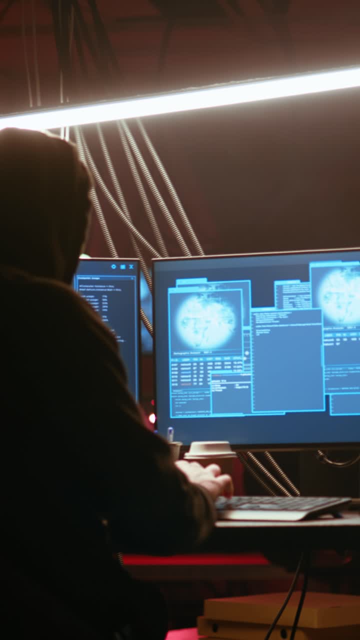 Vertical video Hacker in dark neon lit underground HQ coding malware ...