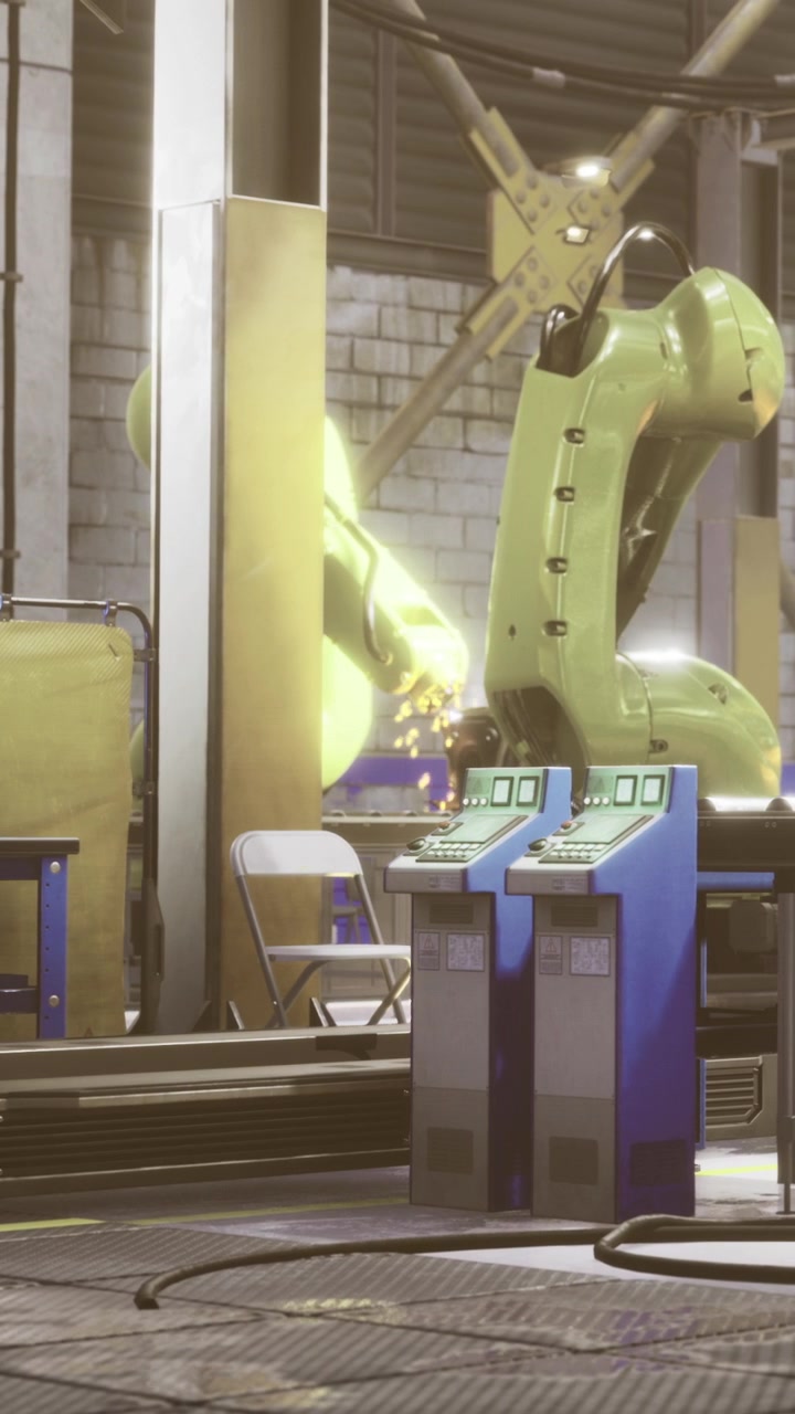 Brazo robótico trabajando en un entorno de fábrica durante el día en una zona industrial.