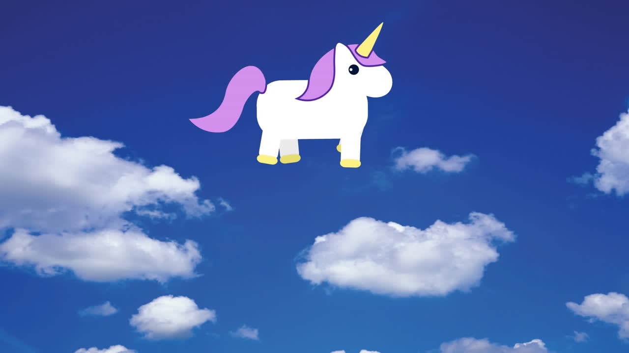 unicornio en el cielo con nubes y arco iris