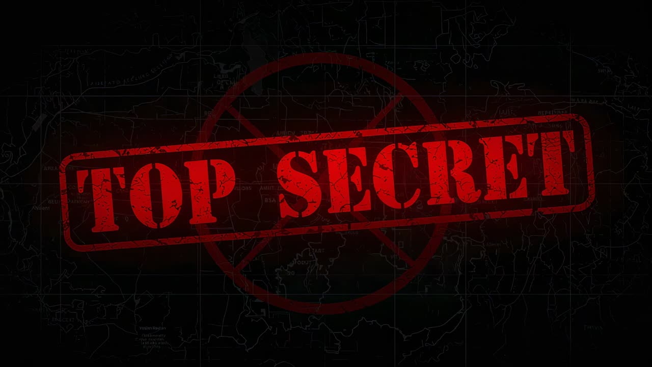 Pulsing red TOP SECRET stamp appearing on first frame on dark gridded map, with radar ring