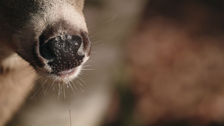 Closeup of brown deer nose and mouth - Deer chewing