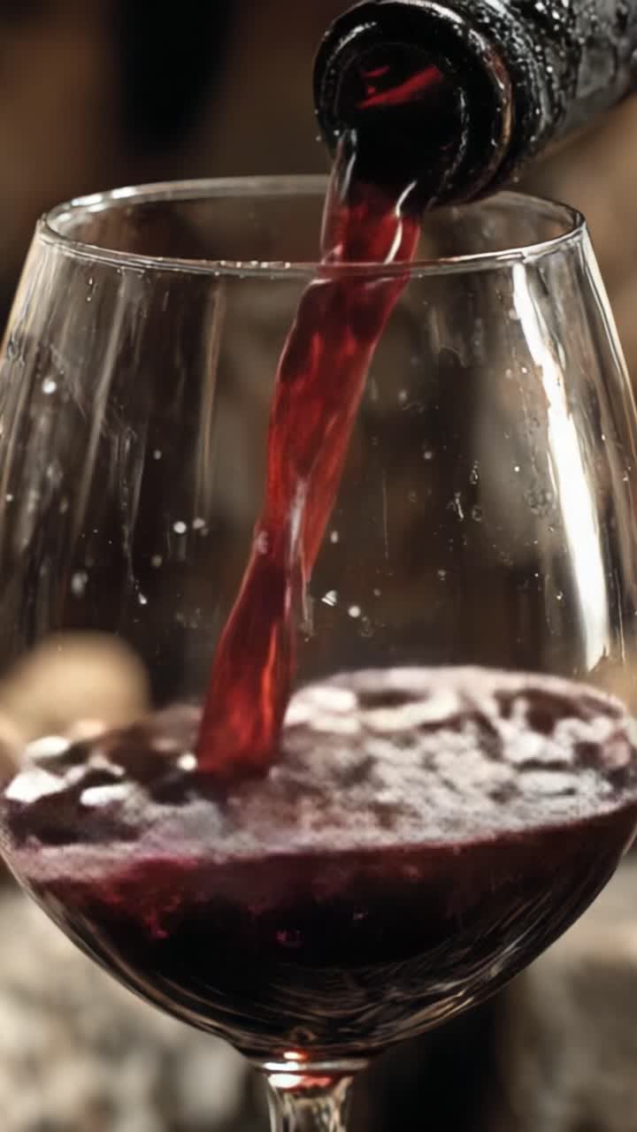 Un vertido espectacular: la transición de una botella a una copa, donde se muestra el color intenso y las burbujas del vino tinto en un impresionante primer plano