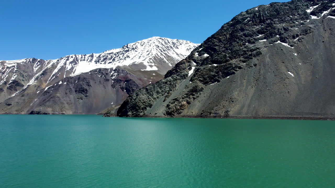 AERIAL: colorful lagune in mountains