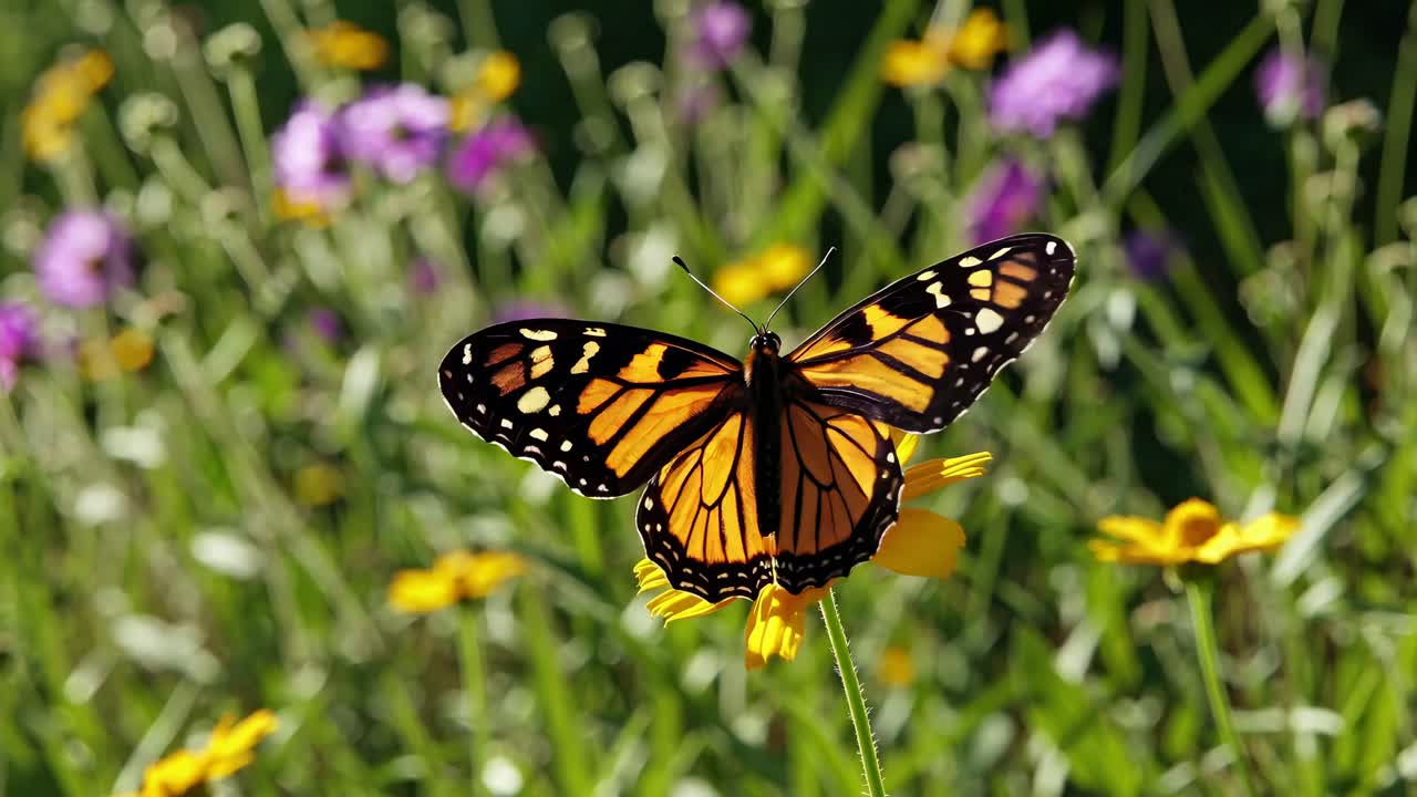 Fermo immagine video in primo piano di una farfalla su un fiore giallo, ripreso all'altezza degli occhi, con uno sfondo sfocato.