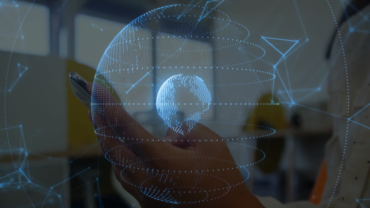 Animation of network of connections and globe over caucasian woman using smartphone