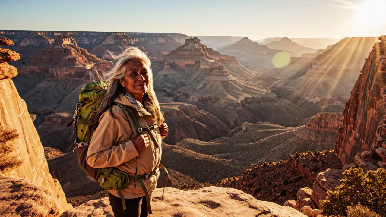 Gün batımında Grand Canyon'ı keşfeden kadın sırt çantalı gezgin
