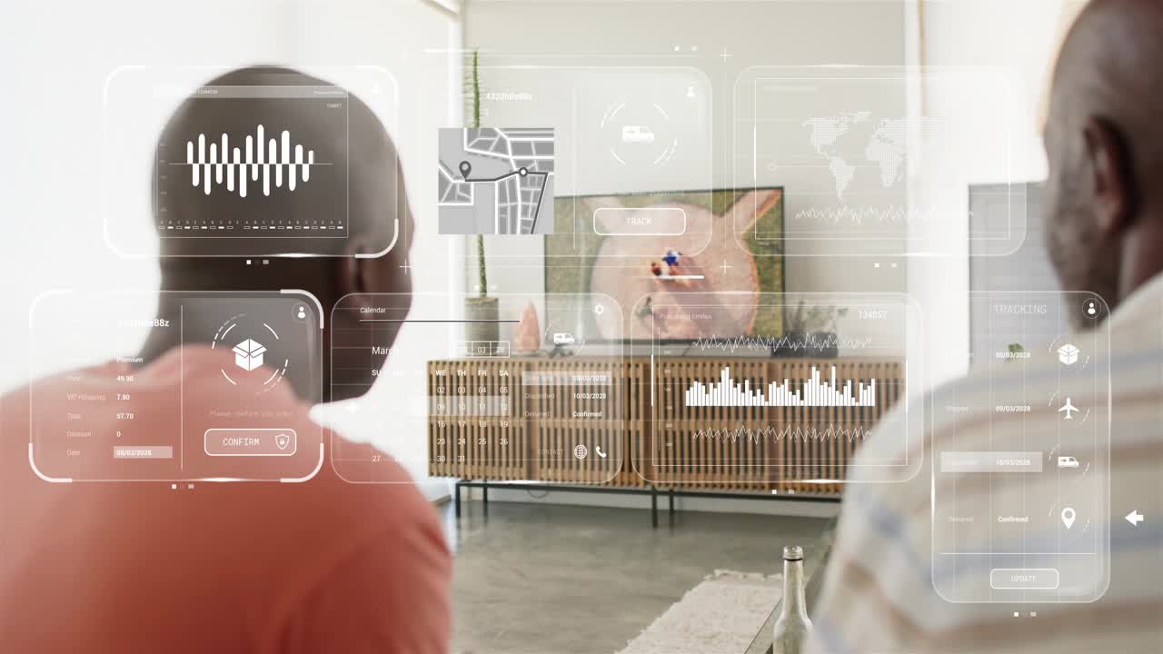 Father gesturing in living room as TV footage changing, senior mirroring as HUD showing tech charts