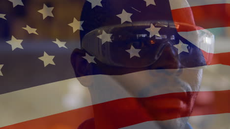 animation of american flag waving over man in the background