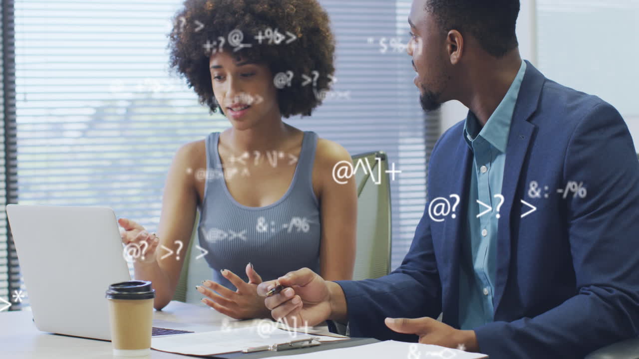 Animation of financial data processing over diverse business people discussing work at office