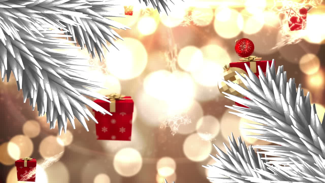 animación de regalos que caen sobre ramas de abetos en el fondo de luces borrosas