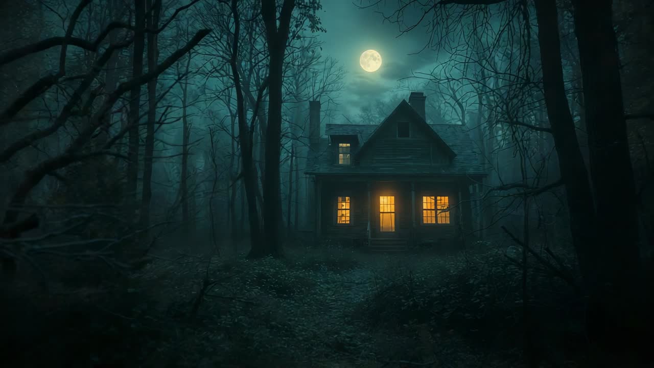 Luna llena naciente que proyecta una luz pálida sobre una cabaña de madera solitaria en un claro brumoso del bosque, con niebla