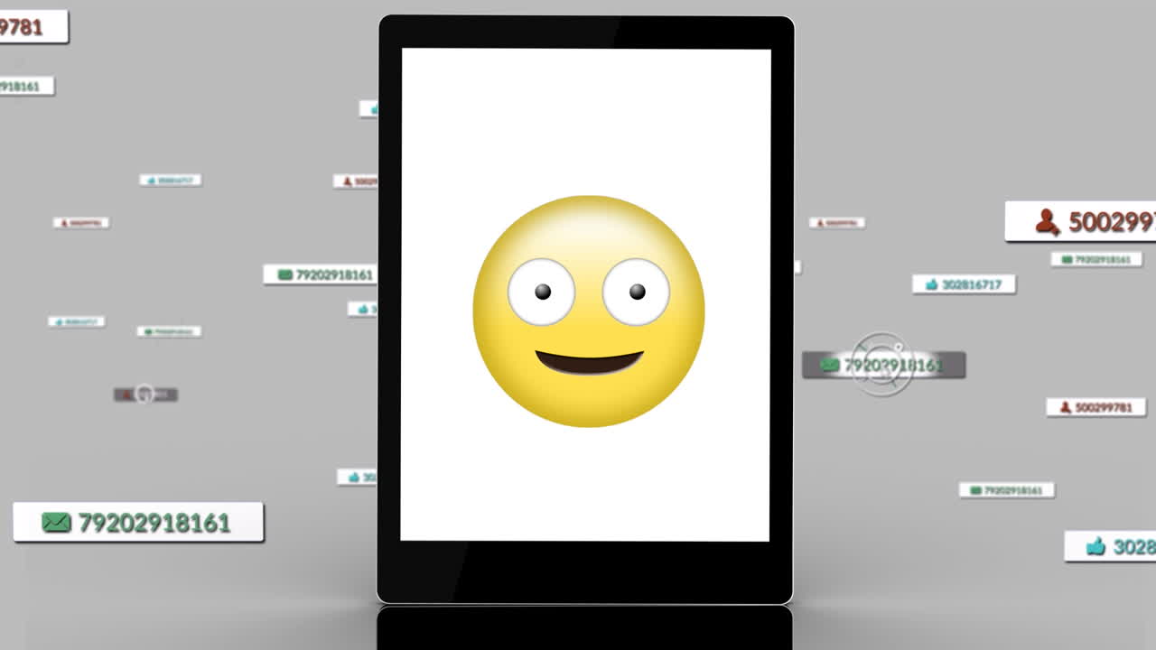 Animation of media and emoji icons over tablet