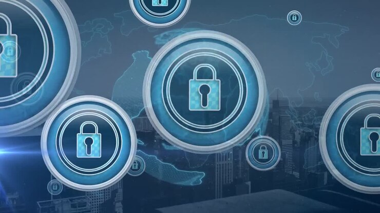 Composition of online security padlocks over globe and cityscape
