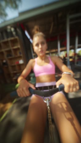 a blurry, low-angle perspective of a person exercising on an outdoor machine