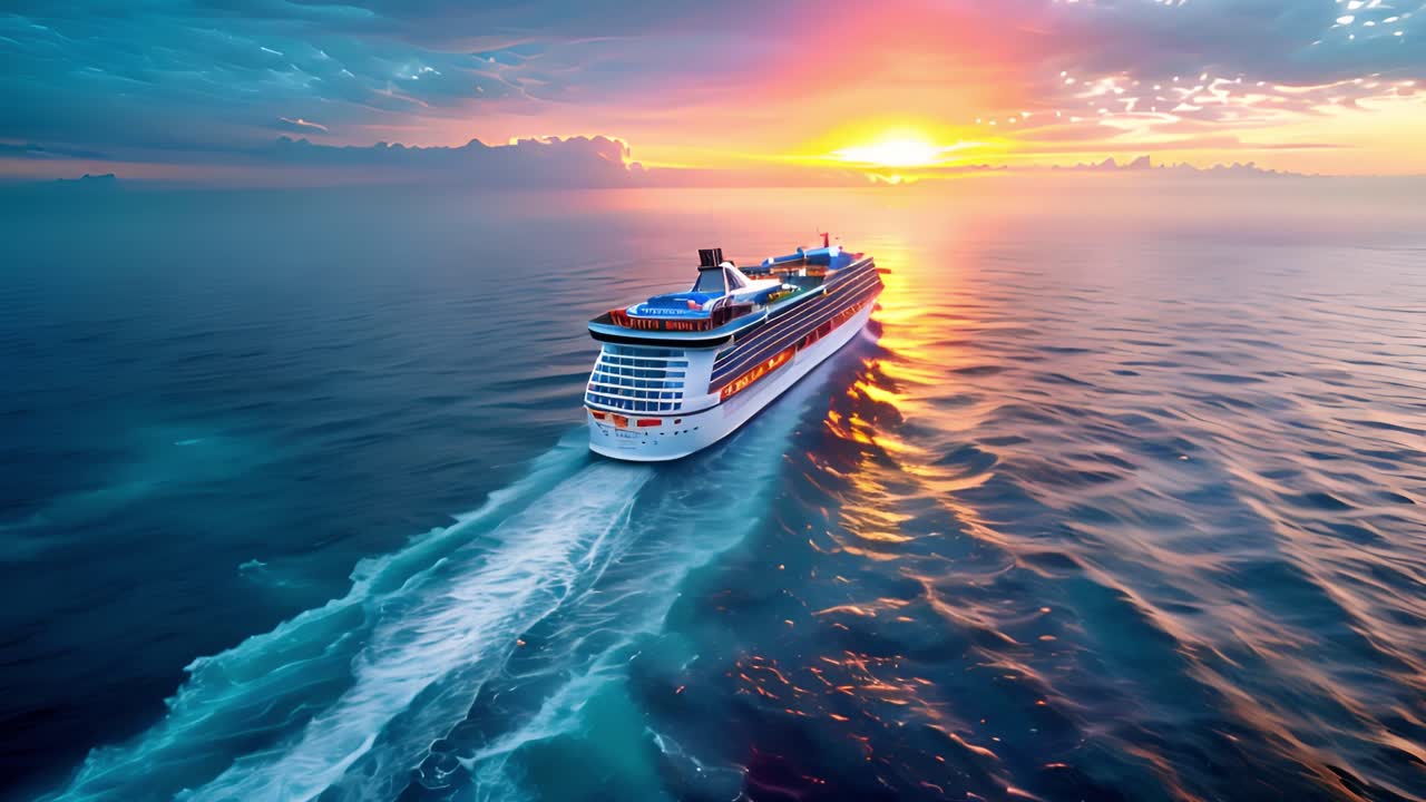 Luxurious Cruise Ship Sailing on the Ocean at Sunset