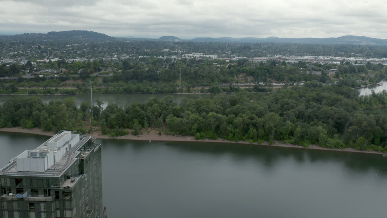 aerial trucking right over south water front buildings in portland oregon.