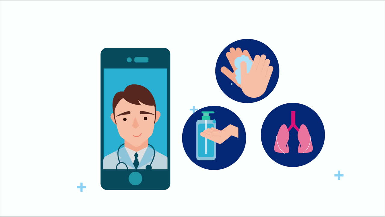 smartphone dengan dokter dan set ikon COVID-19