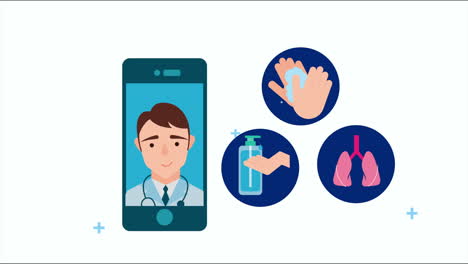 con el médico de teléfono inteligente y los iconos del conjunto covid-19
