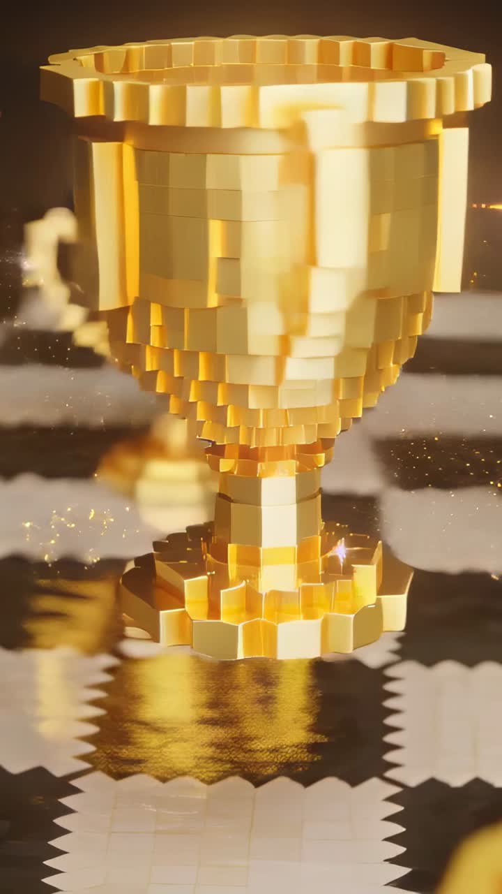 Video verticale: Telecamera in orbita che mostra un trofeo voxel su un pavimento a scacchiera, rivelando bagliori sfaccettati.