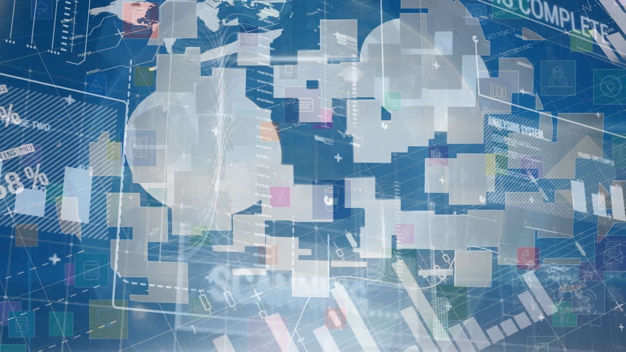 데이터 처리의 애니메이션과 파란색 배경의 클라우드 아이콘