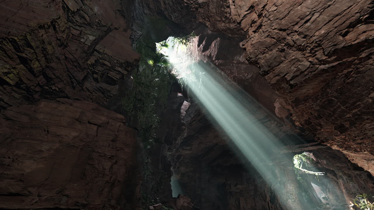 Sunlight streaming through a cave opening