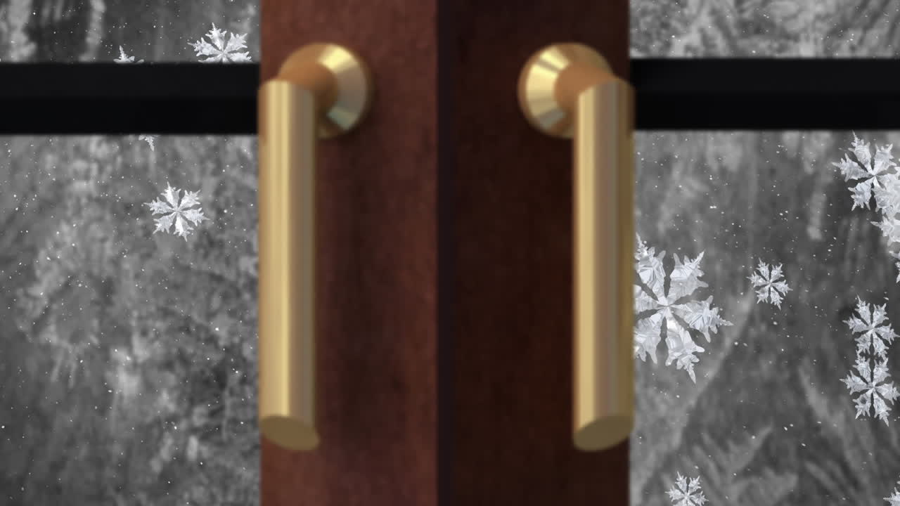 animación del árbol de navidad con nieve cayendo vista a través de la ventana sobre un fondo gris