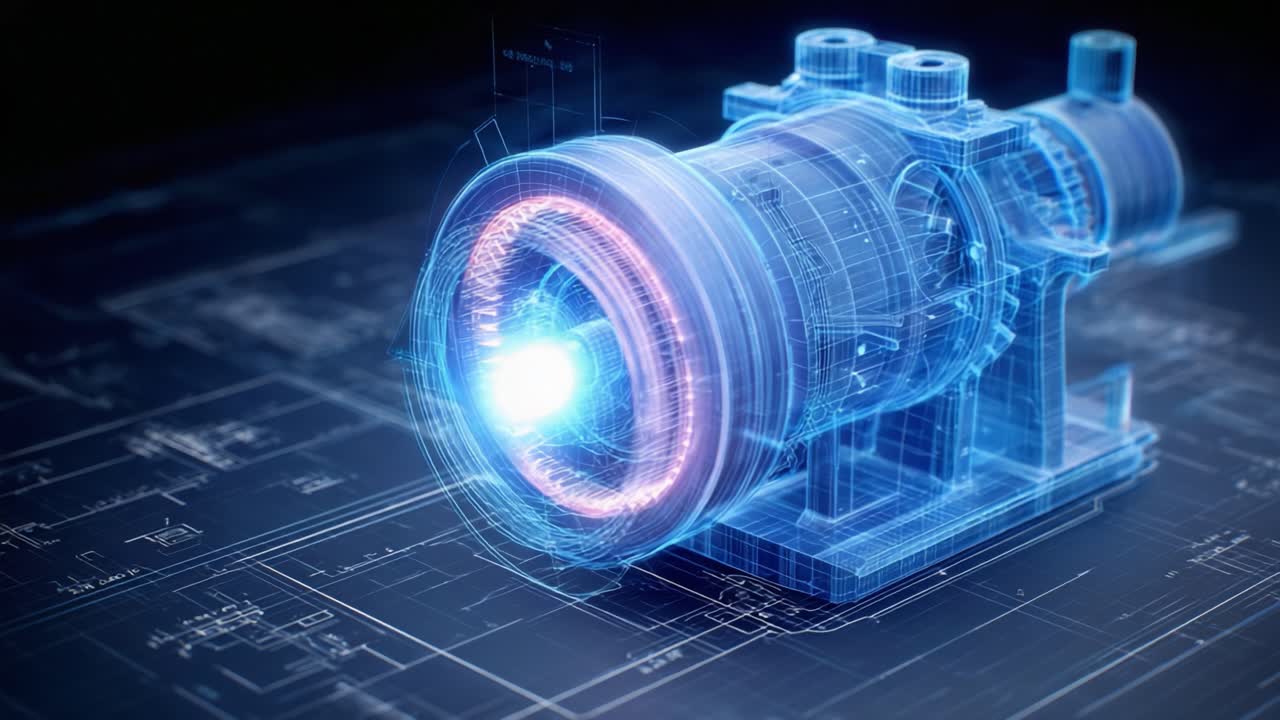 Futuristic Digital Rendering of a Jet Engine with Blueprint Background Illustrating Advanced Mechanical Designs and Concepts in Aerospace Engineering Technology