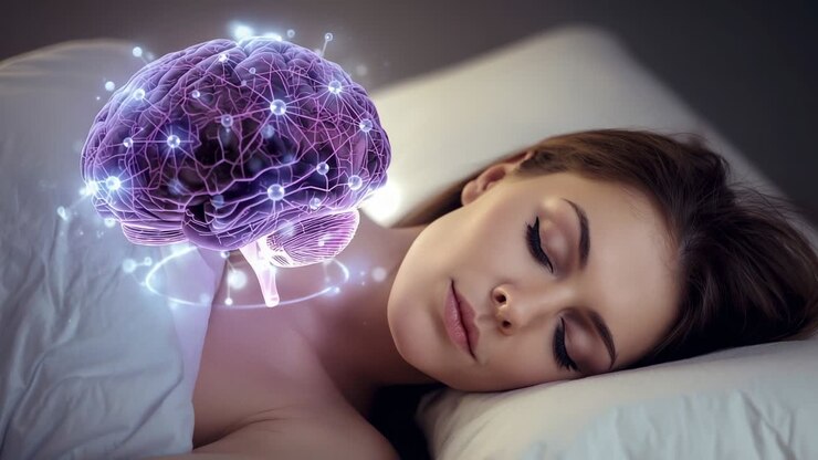 Donna che respira, sdraiata su un cuscino in camera da letto, che causa un ologramma viola del cervello con linee di connessione pulsanti