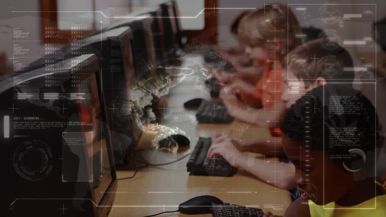 수업에서 컴퓨터를 사용하는 학교 학생들의 데이터 처리 및 지구상의 애니메이션