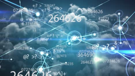 animación del procesamiento de datos científicos y la red de conexiones sobre un cielo nublado