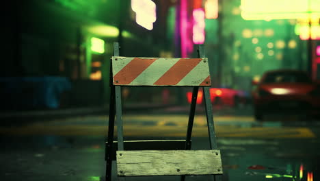 nighttime city street with barricade