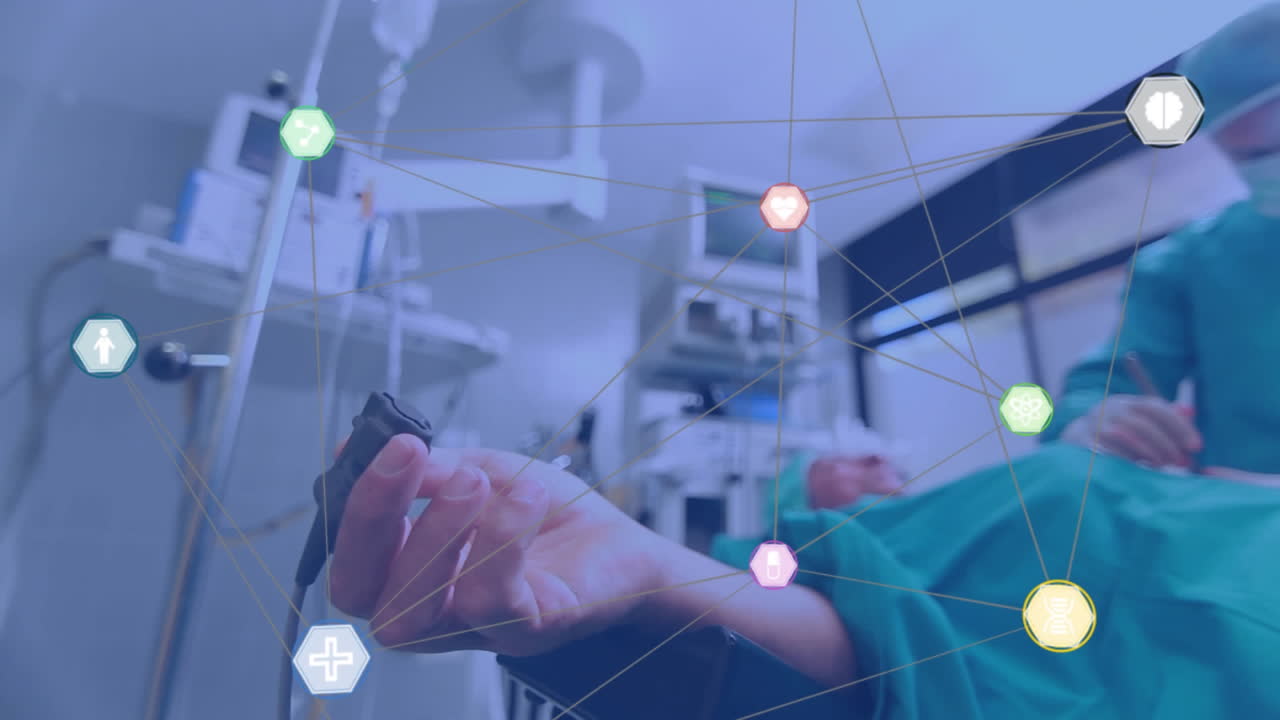 백인 남성 환자와 외과 의사에 대한 연결망을 가진 아이콘의 애니메이션