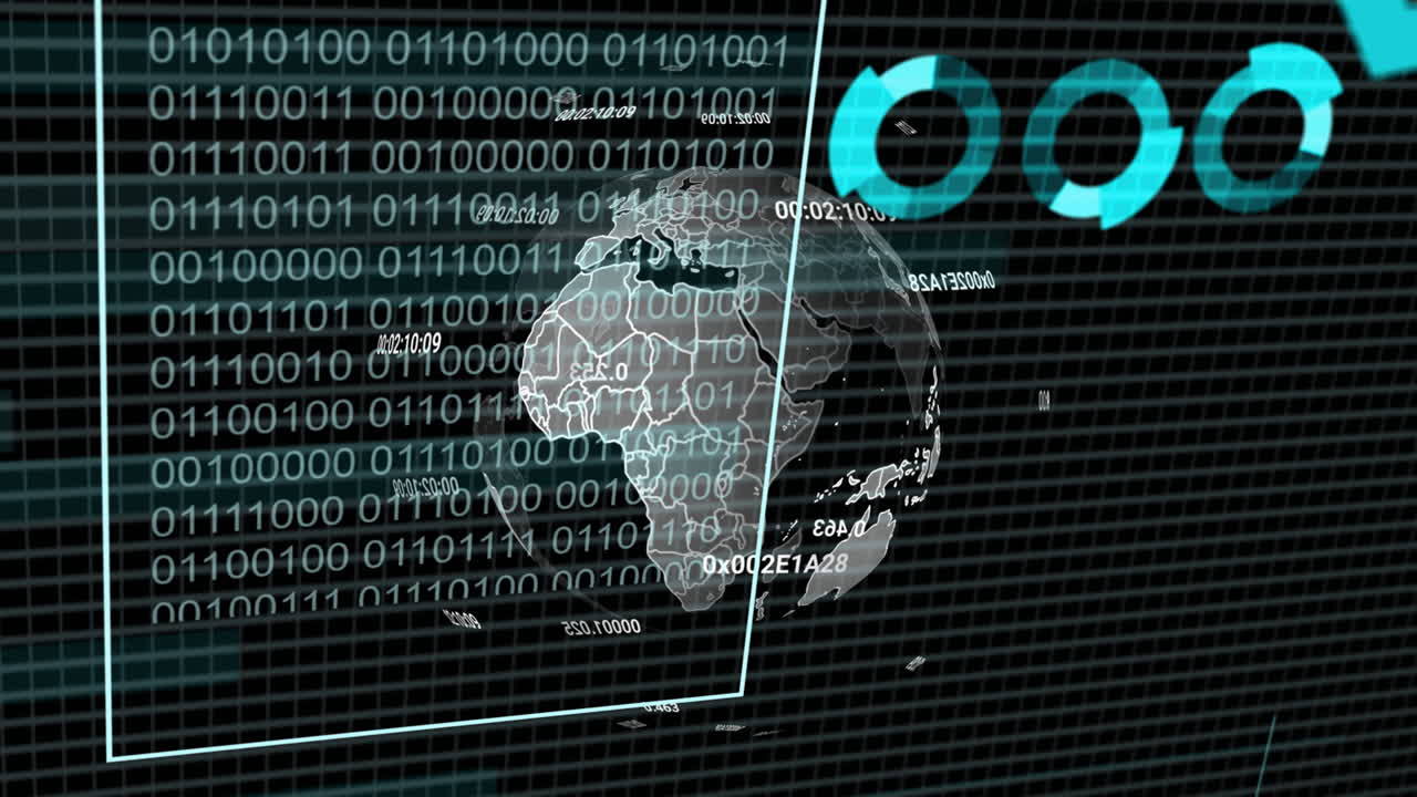 Animation of binary coding data processing and globe over black background