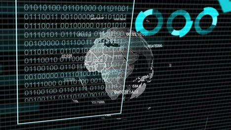 animation of binary coding data processing and globe over black background