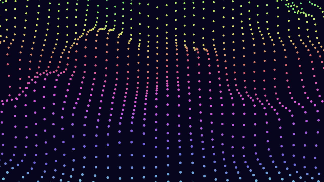 Animated abstract background of glowing dots forming a flowing grid and wave pattern in neon gradient colors on dark space, ideal for tech, data, and digital visuals