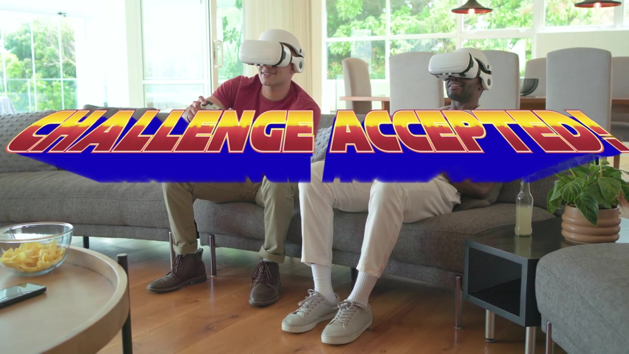 Two men reacting to CHALLENGE ACCEPTED graphic, adjusting VR headsets and gaming in living room