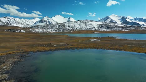 Snowy peaks, alpine lake, and golden plains under clear blue sky