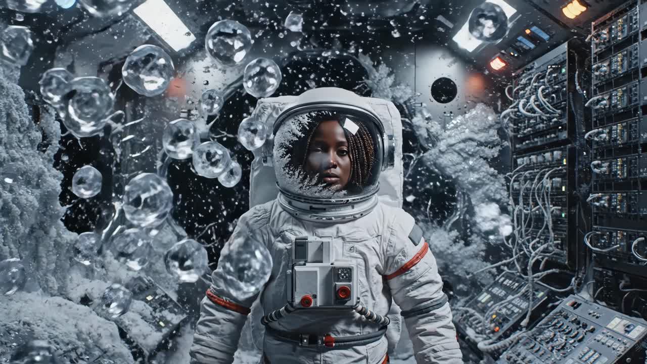 Female Astronaut in Icy, Damaged Spacecraft Interior