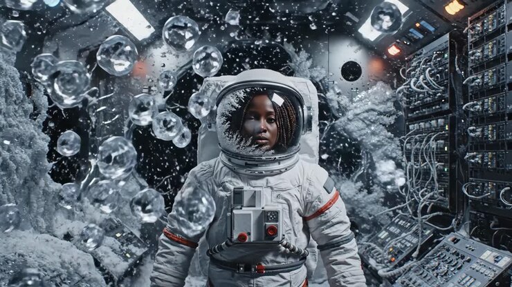 Female Astronaut in Icy, Damaged Spacecraft Interior