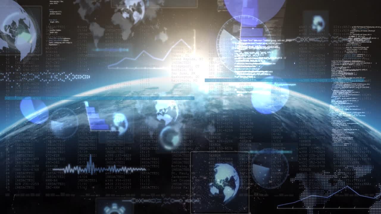 스크린에서 데이터 처리를 하는 통계의 애니메이션과 지구 행성을 스캔하는 스 ⁇