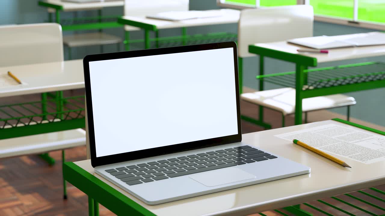 Modern laptop with white blank screen placed on desk against classroom at school. 3d animation