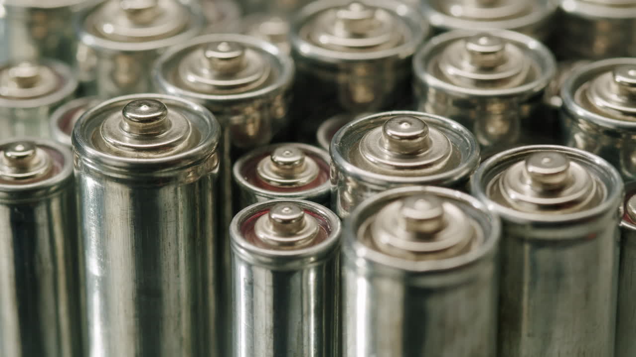Silver batteries AA and AAA in hands on black background in smoking fog close-up. Double-A battery is a standard size single cell cylindrical dry battery. Batteries are common in portable electronic devices. An AA battery is composed of a single electrochemical cell that may be either a primary batt